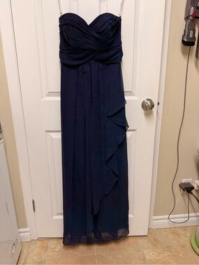 David's Bridal Strapless Navy Chiffon Ruffled Gown
